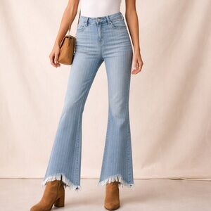 Liverpool Los Angeles Pinstripe Straight Leg Jeans Frayed Raw Hem Size 2 Boho